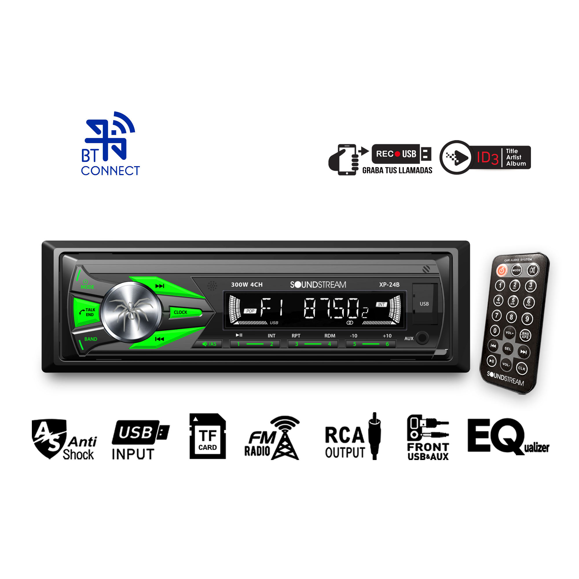 Autoestereo Bluetooth, Usb, Auxiliar, Caratula Desmontable, Graba llamadas - Soundstream - XP-24B