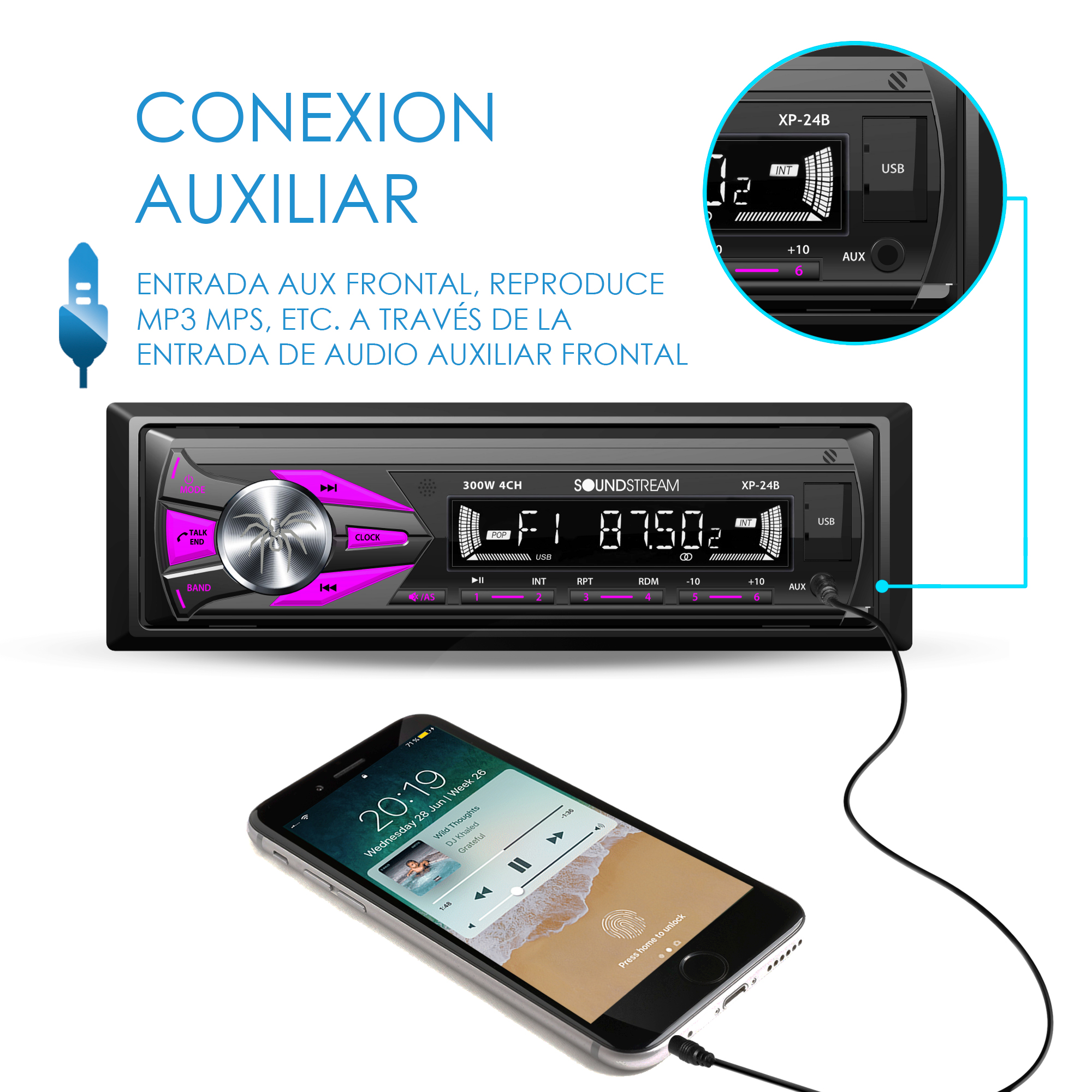Autoestereo Bluetooth, Usb, Auxiliar, Caratula Desmontable, Graba llamadas - Soundstream - XP-24B