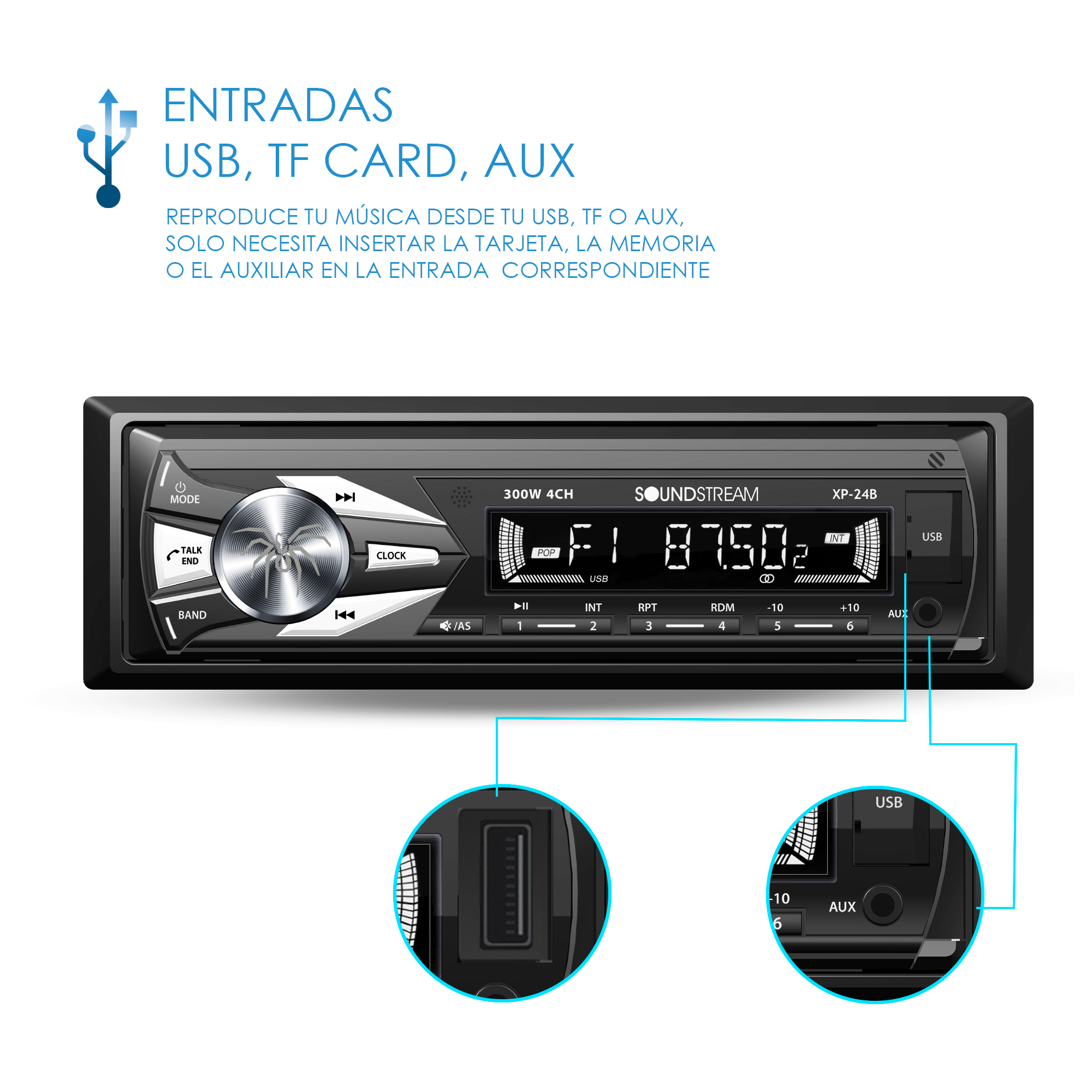 Autoestereo Bluetooth, Usb, Auxiliar, Caratula Desmontable, Graba llamadas - Soundstream - XP-24B