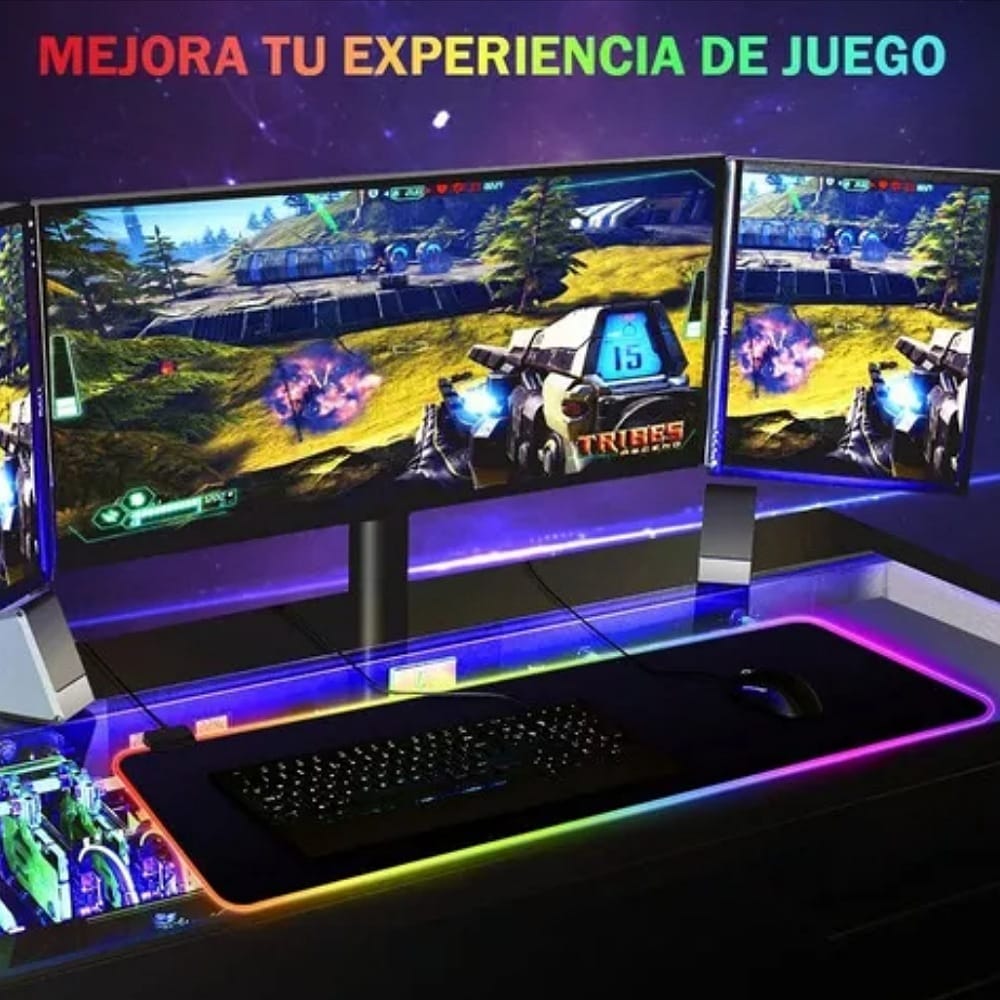 RGB Mouse Pad Gamer, Alfombrilla para Mouse con Base De Goma Antideslizante, Led para Teclado y Ratón, 7Luces, Tamaño 300x800x4mm Negro