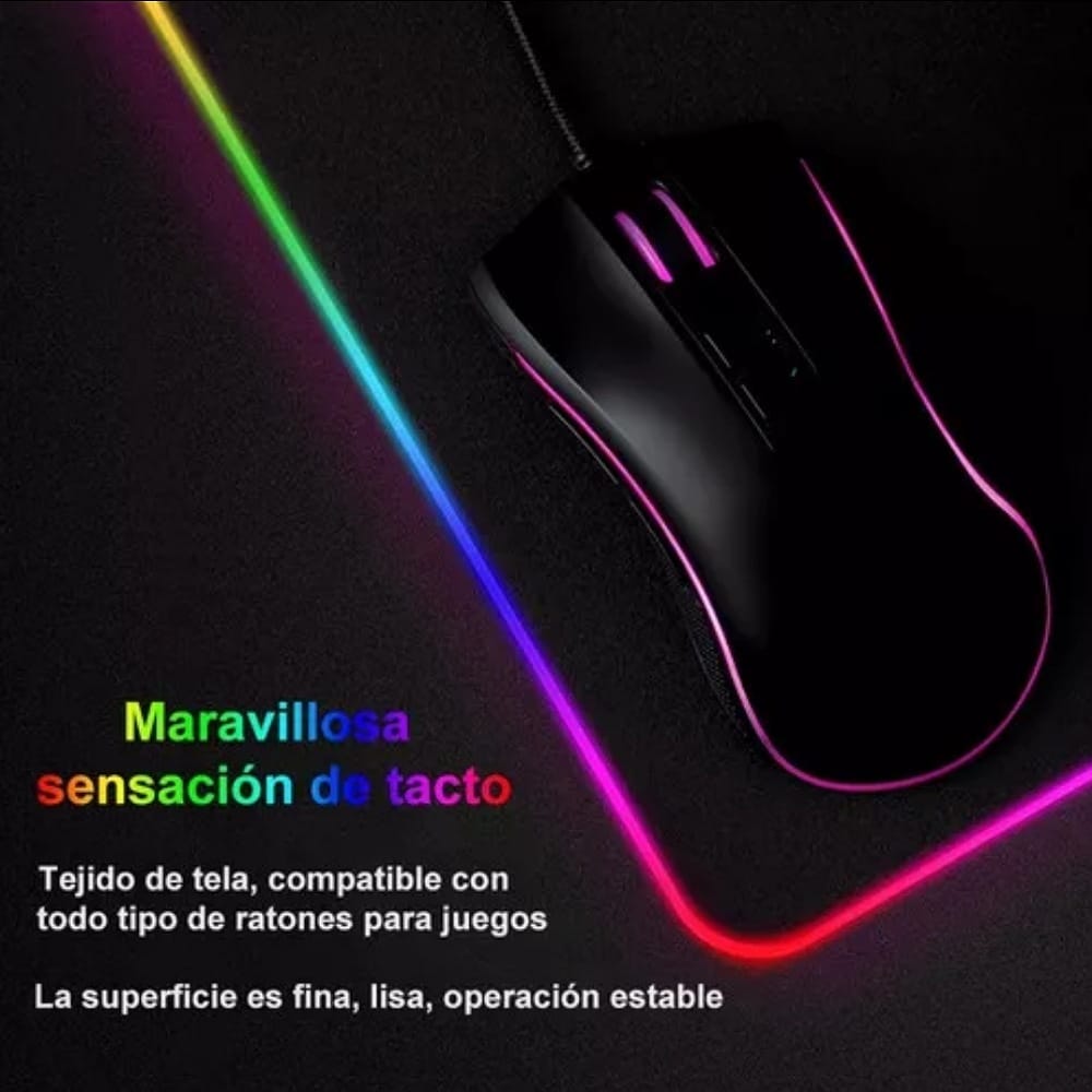 RGB Mouse Pad Gamer, Alfombrilla para Mouse con Base De Goma Antideslizante, Led para Teclado y Ratón, 7Luces, Tamaño 300x800x4mm Negro