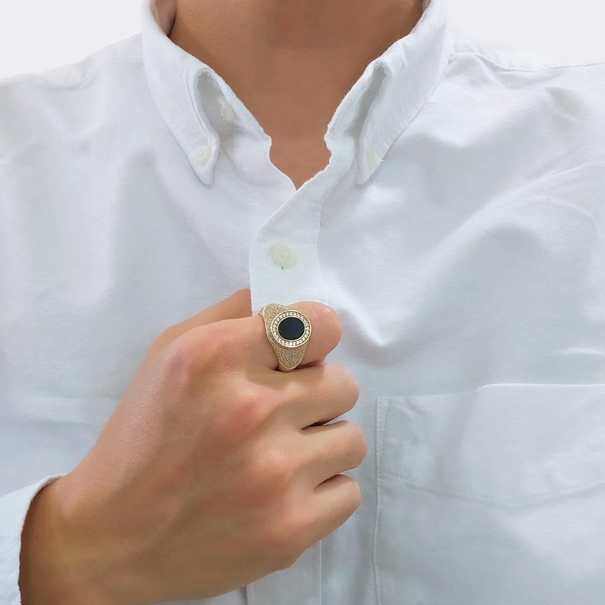 Anillo oro 10k Hombre de piedra ónix y zirconia