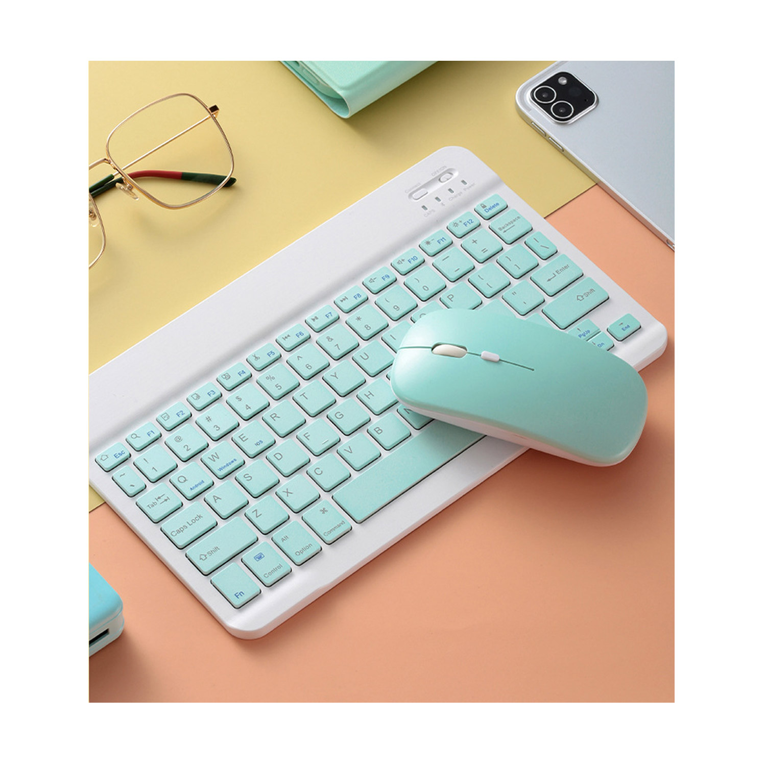 Teclado Bluetooth + Ratón Inalámbrico Para Tablet iPad Celular Pc Laptop De 7 PLG. (Verde).