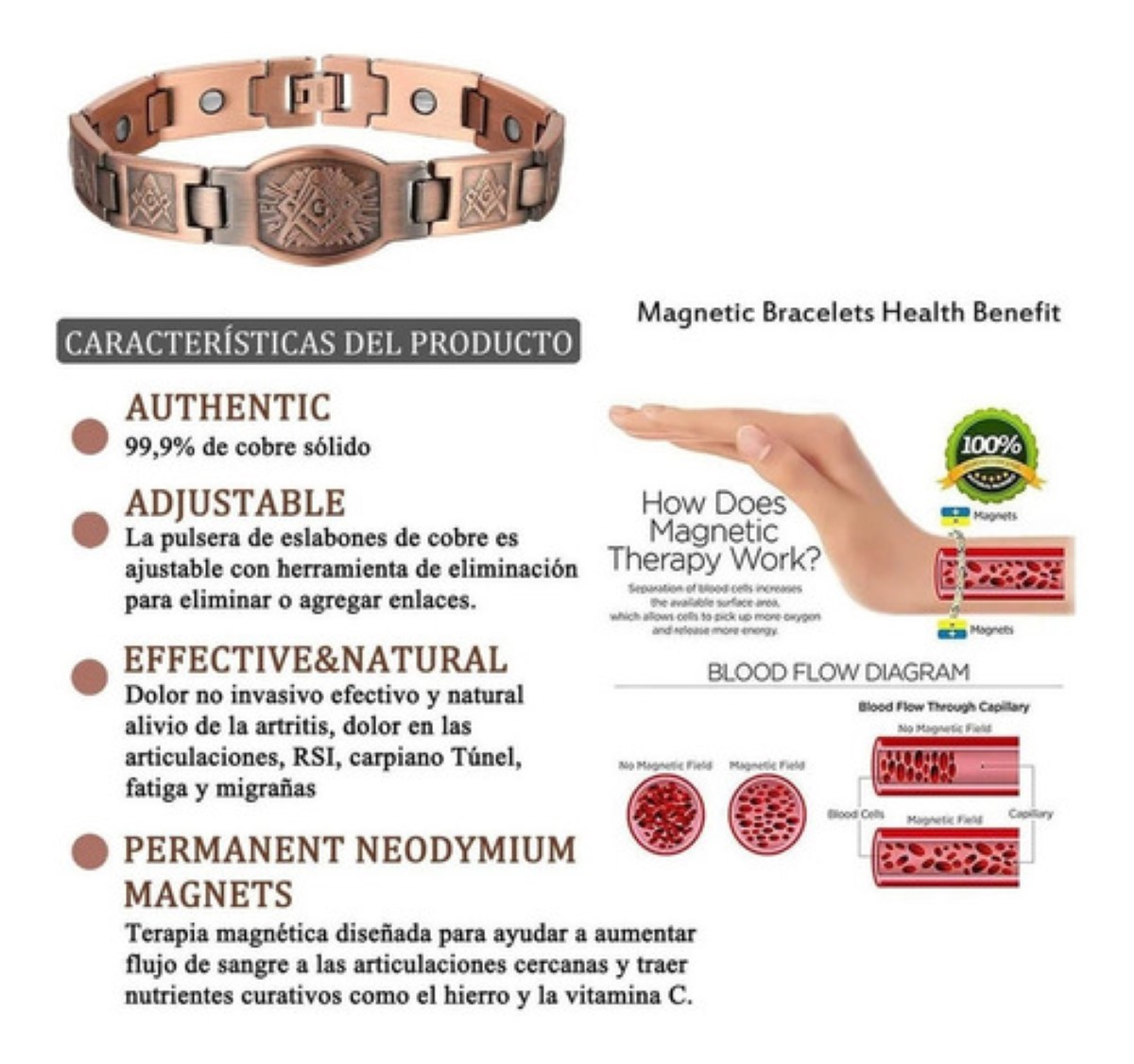 Pulsera De Terapia De Cobre Puro Magnético De Neodimio 