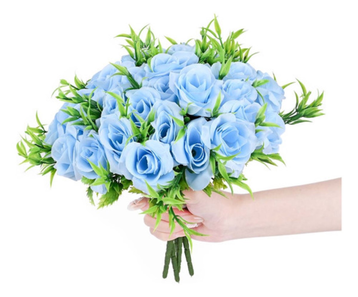 5 Ramos Flores Rose Artificiales Rama Decorativa 35 Flores AZUL