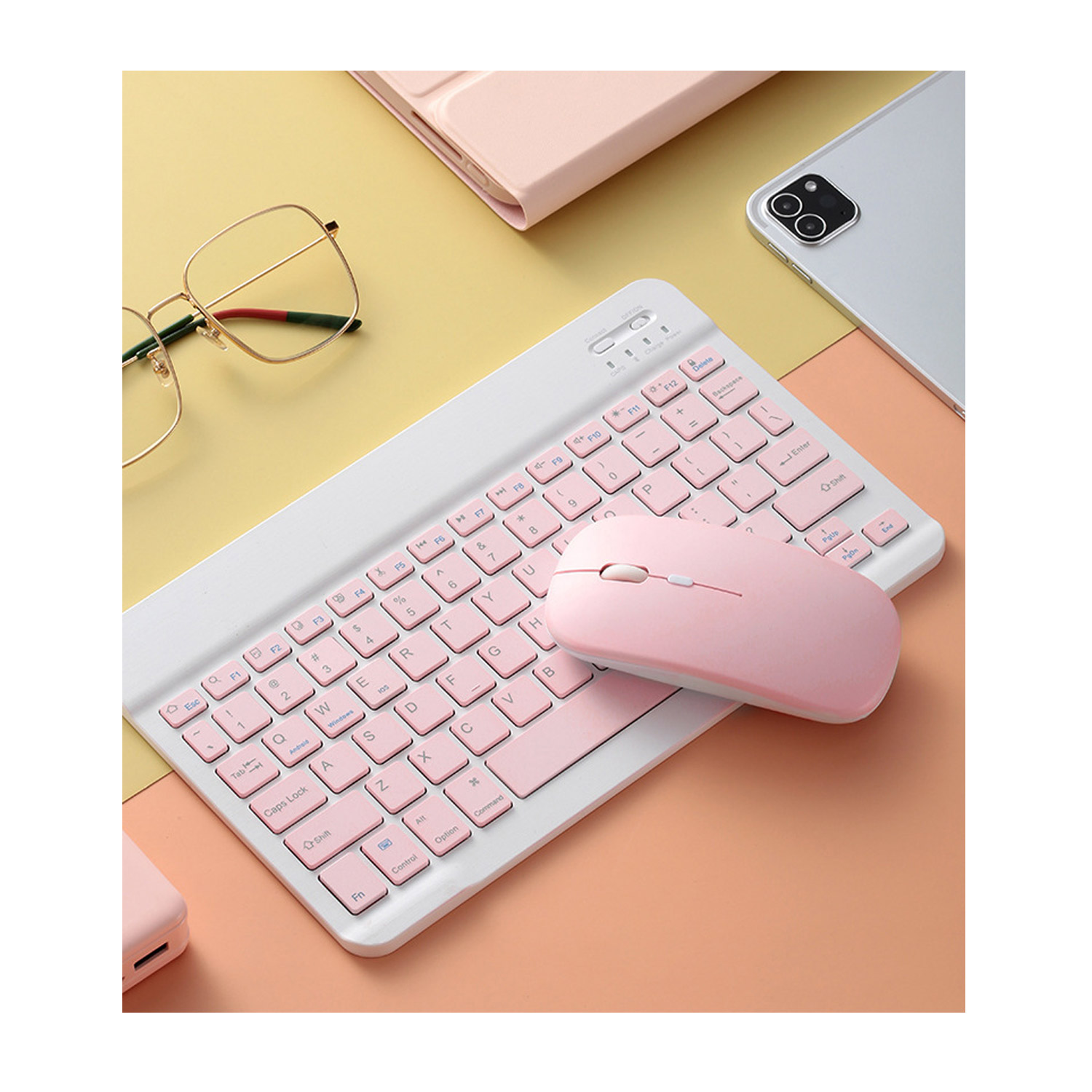 Teclado Bluetooth + Ratón Inalámbrico Para Tablet iPad Celular Pc Laptop De 7 PLG. (Rosa).