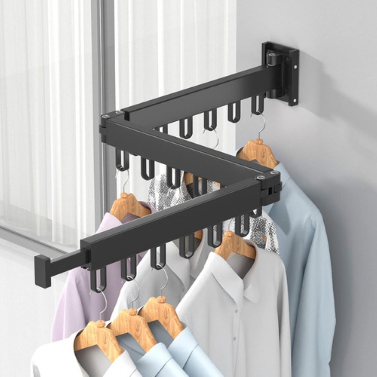 Tendedero Plegable Retráctil Metal Pared P/colgar Ropa 1,2 M Negro