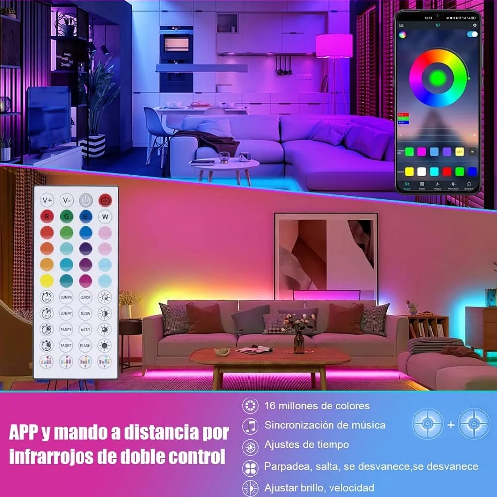Tira De Luz Led Rgb De Neón Ip65 Flexible Bluetooth De 5m