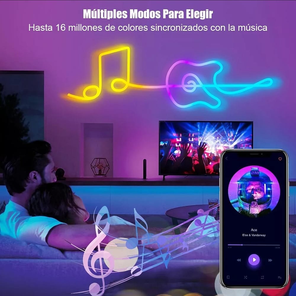 Tira De Luz Led Rgb De Neón Ip65 Flexible Bluetooth De 5m