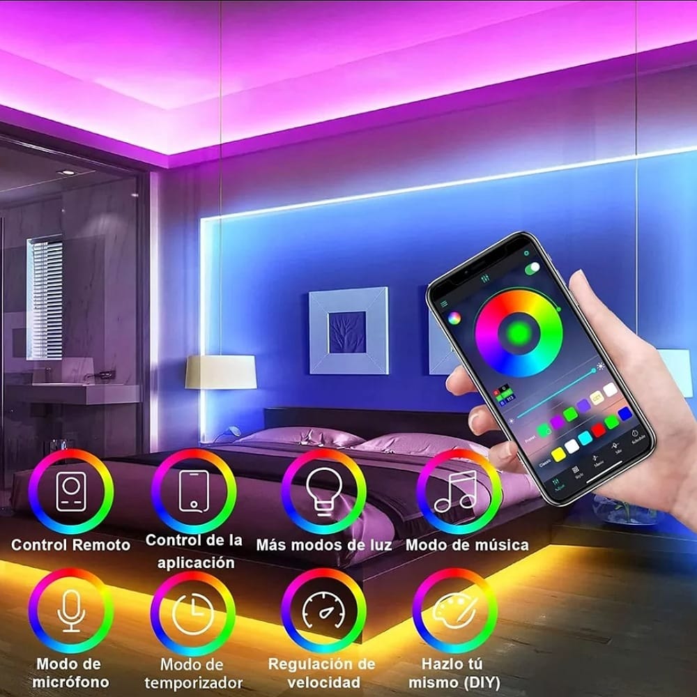 Tira De Luz Led Rgb De Neón Ip65 Flexible Bluetooth De 5m