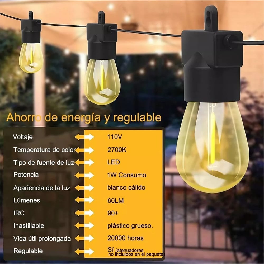 Cadena De Luces Led Para Exteriores 15m Con 14 Focos Led