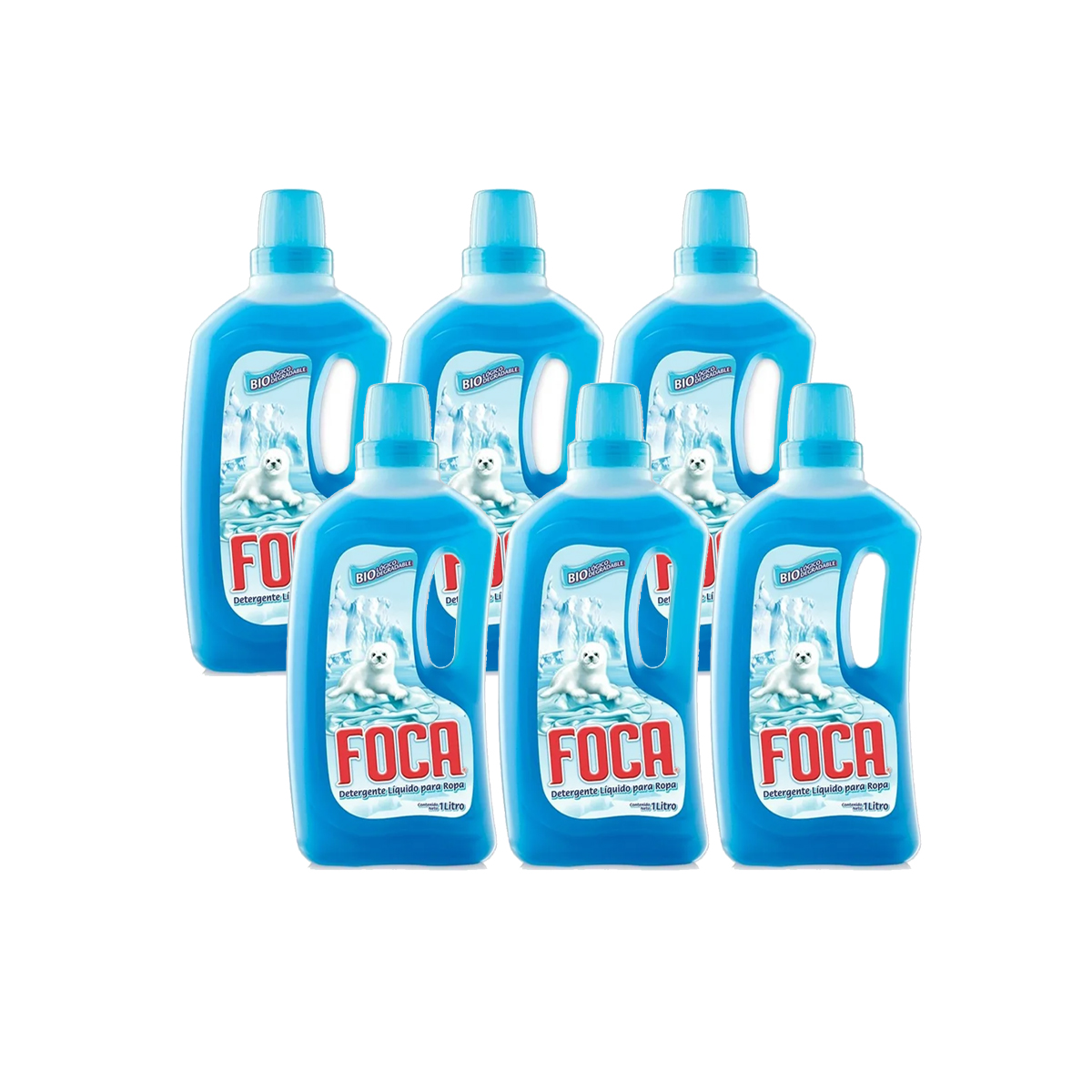 Caja con 6 Botellas Jabón Detergente Líquido Foca 1 litro c/u