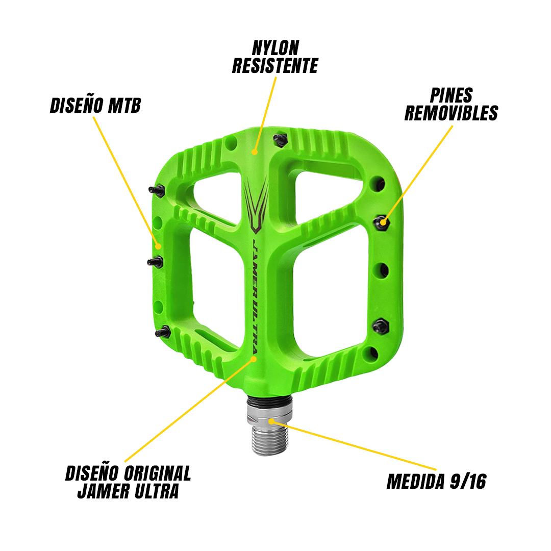 Pedal Bicicleta Nylon Mtb Pin Removible Eje De Cromoly Verde