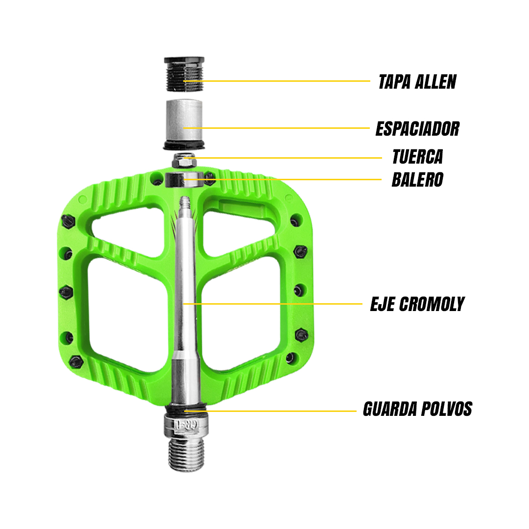 Pedal Bicicleta Nylon Mtb Pin Removible Eje De Cromoly Verde