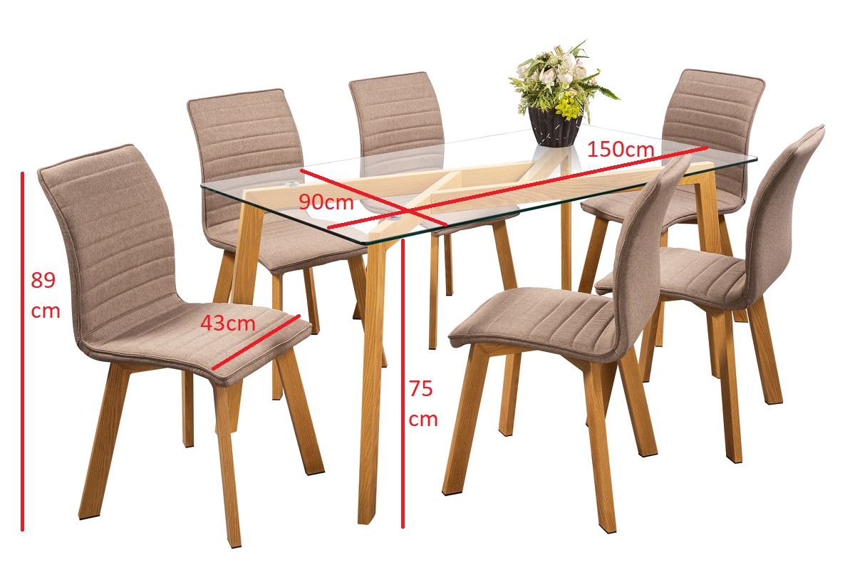 Comedor Neri Café 6 Sillas Rectangular Tubular y Cristal.