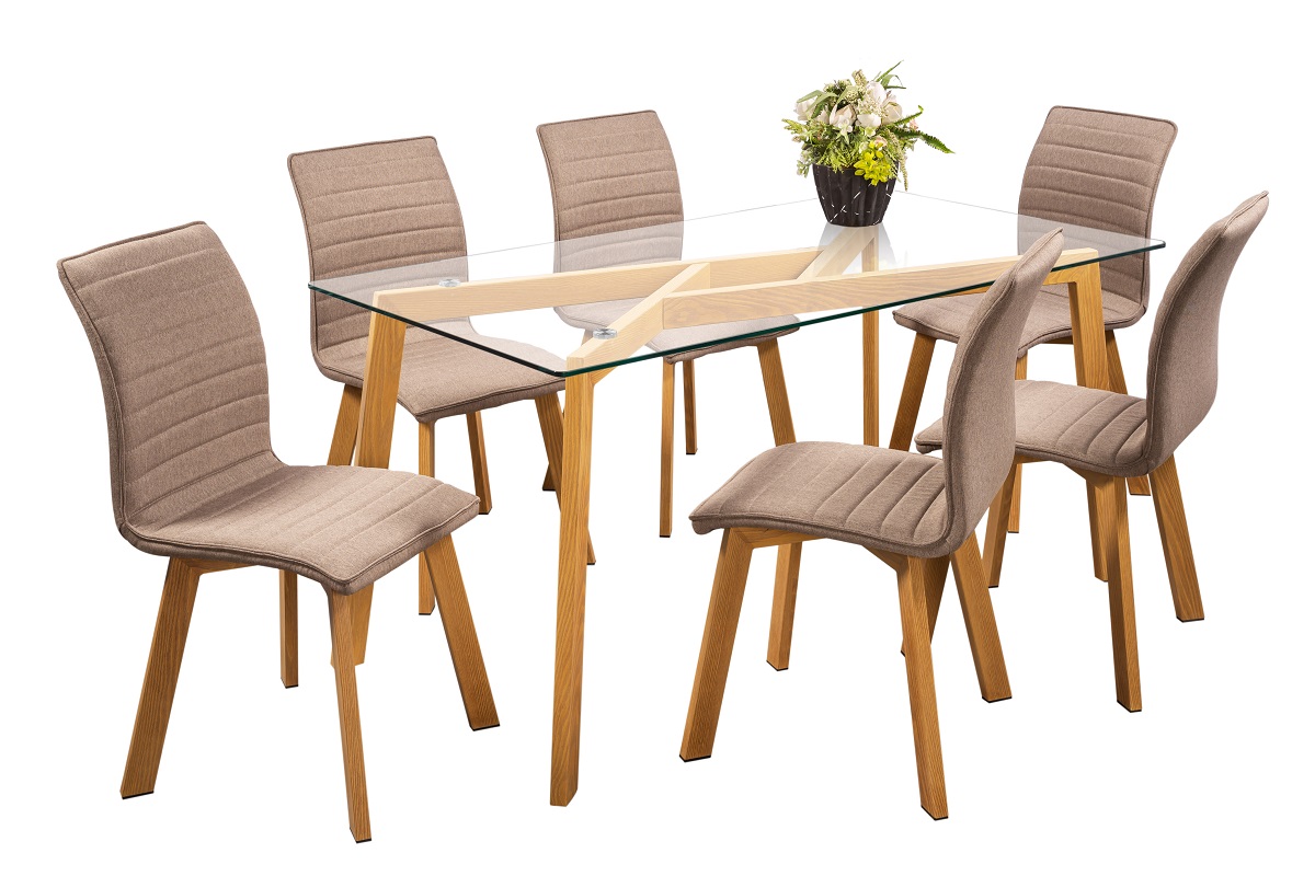 Comedor Neri Café 6 Sillas Rectangular Tubular y Cristal.