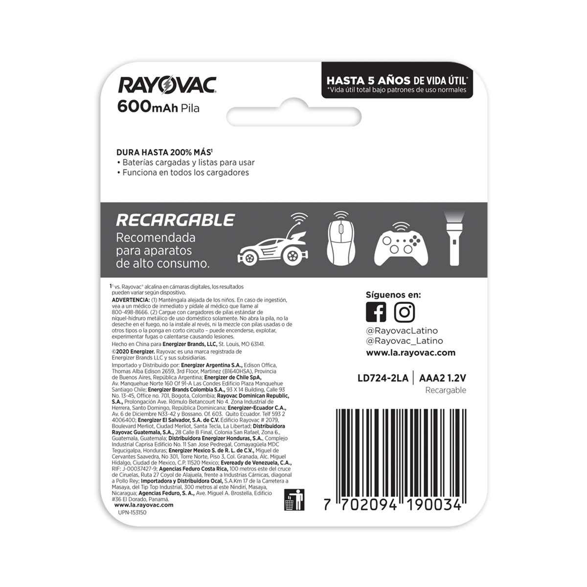 8 Pilas Baterias Recargables Rayovac Tamaño AAA 650 mAh.