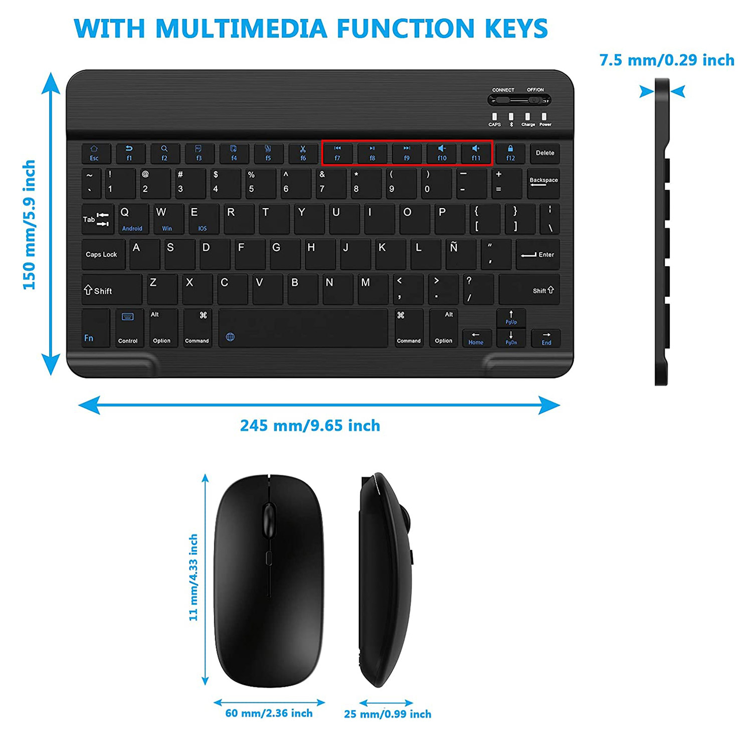 Teclado + Ratón Bluetooth Inalámbrico Recargable para Tablet Tamaño 10 Pulgadas (Negro).