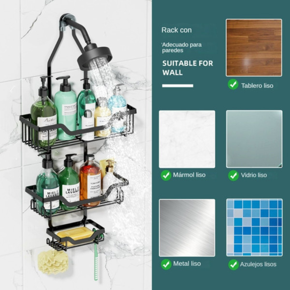 Organizadore Para Bano Cocina Pared Repisa Estante 3 Niveles negro