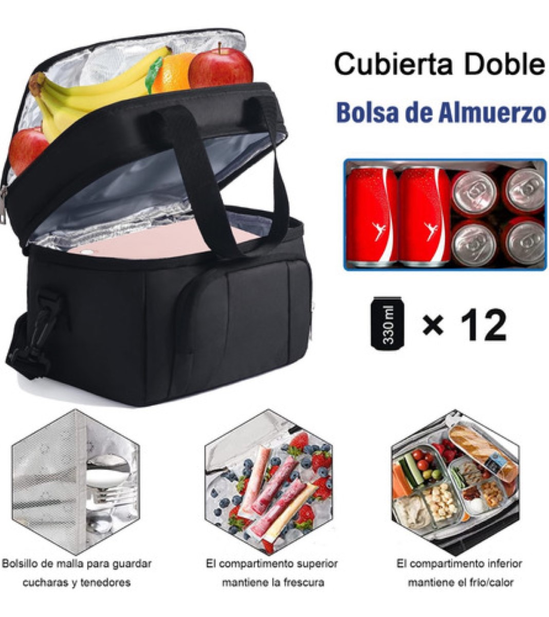 Loncheras Termicas Aislante De Gran Portátil negro