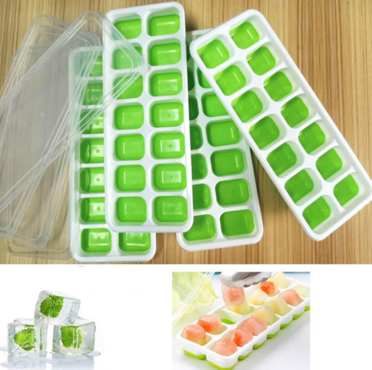 Bandejas De Cubitos Hielo, Molde De Hielo Con Tapa, 4 Juego BLANCO/VERDE