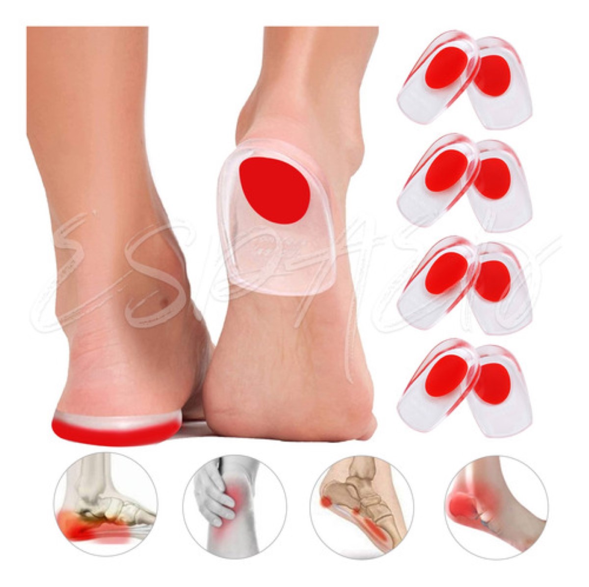 4 Par Talonera Espolón Plantillas Ortopédicas Gel Calcáneo ROJO
