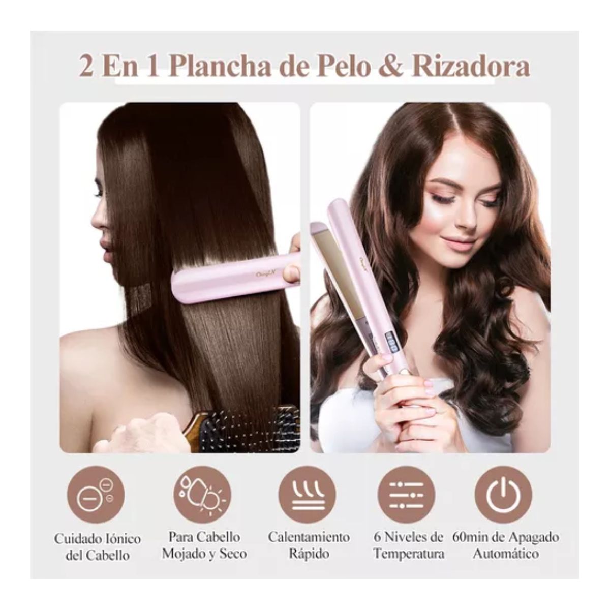 Plancha Para Cabello Alaciadora De Cerámica Rizador Lcd rosa