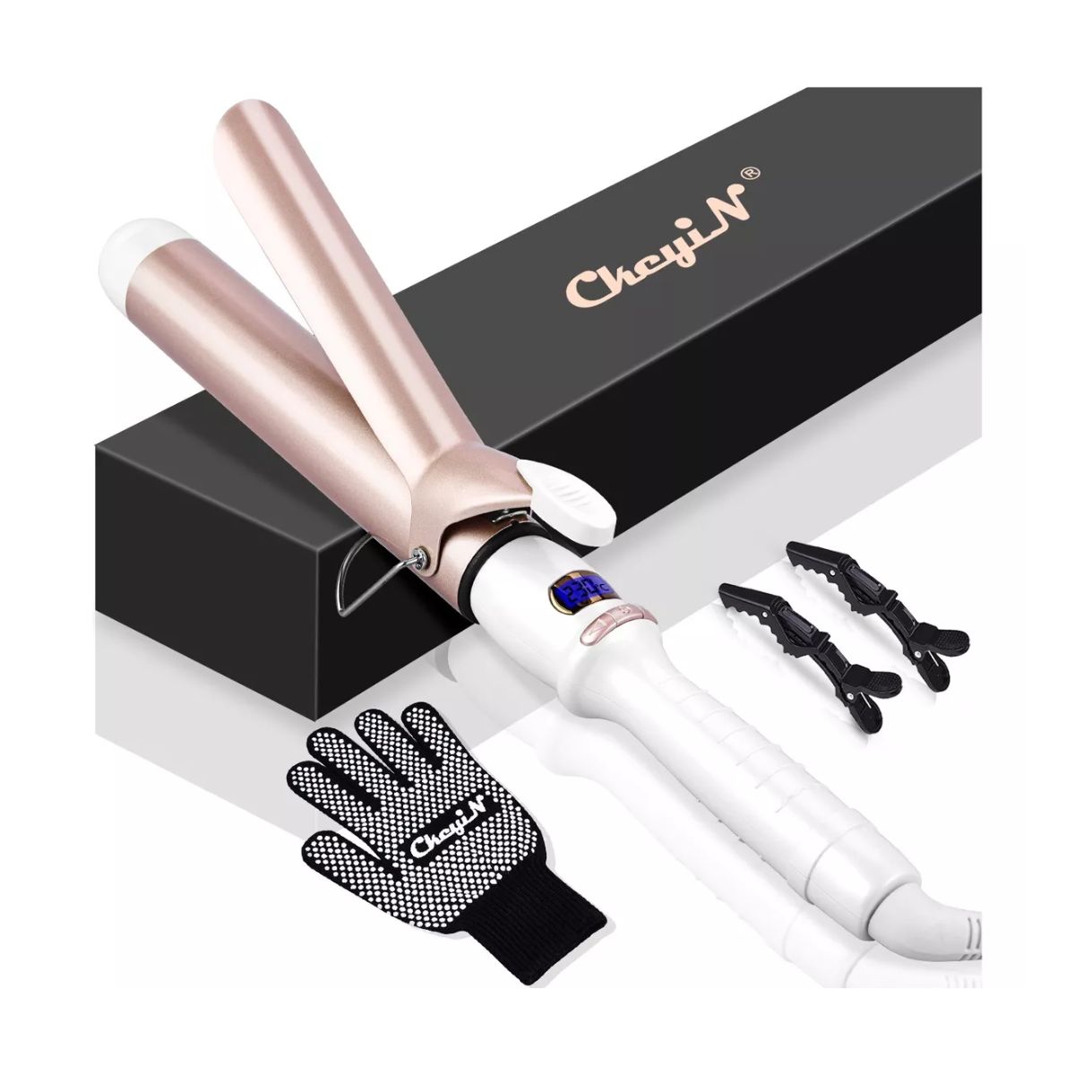 Rizador De Cabello Cerámica Turmalina Ferro Tenaza Pelo 38mm Blanco Dorado