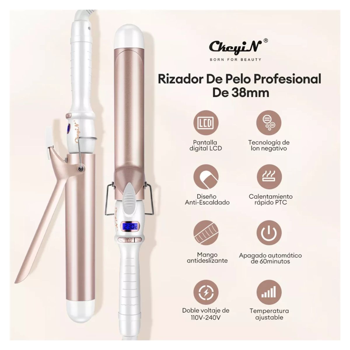 Rizador De Cabello Cerámica Turmalina Ferro Tenaza Pelo 38mm Blanco Dorado