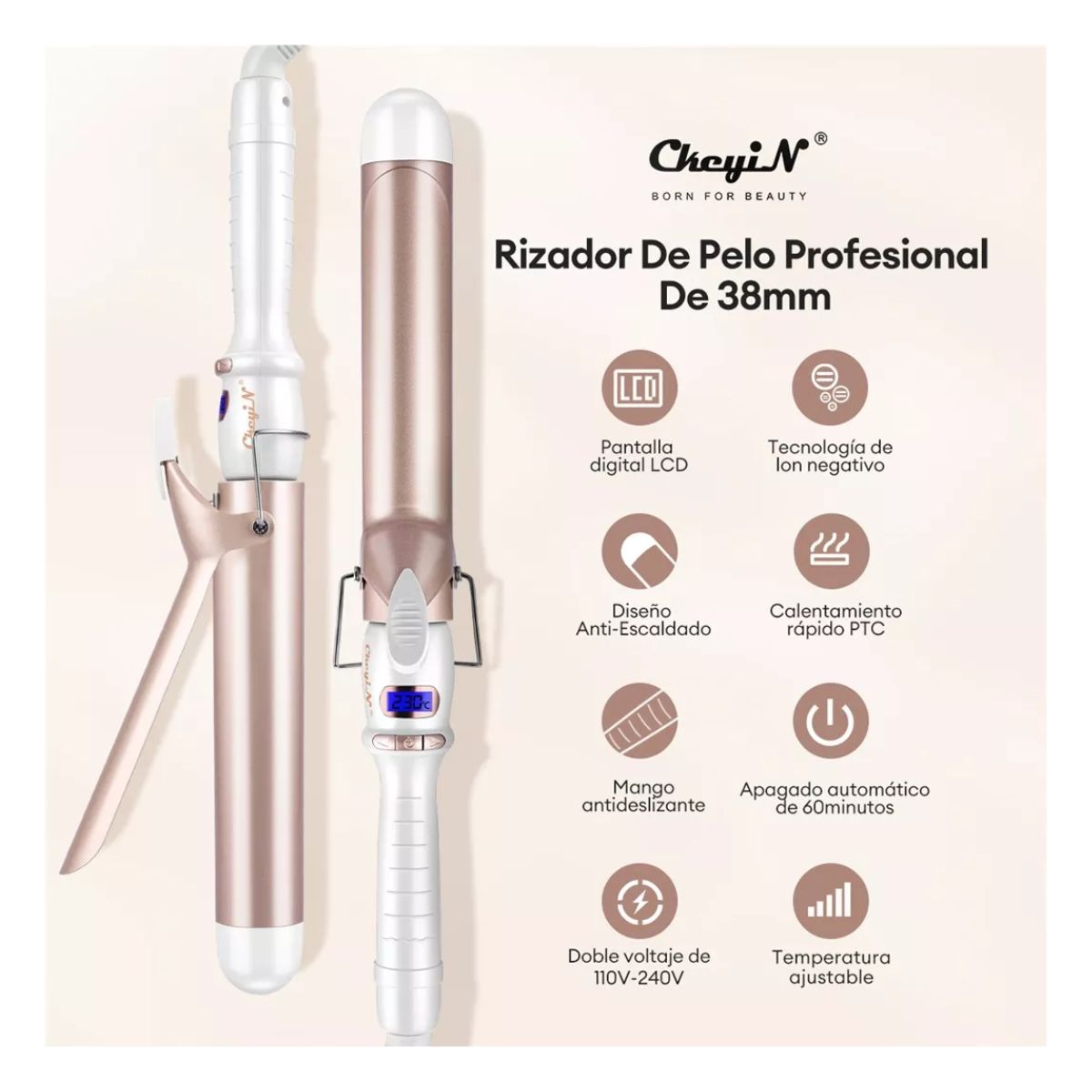 Rizador De Cabello Cerámica Turmalina Ferro Tenaza Pelo 38mm Blanco Dorado