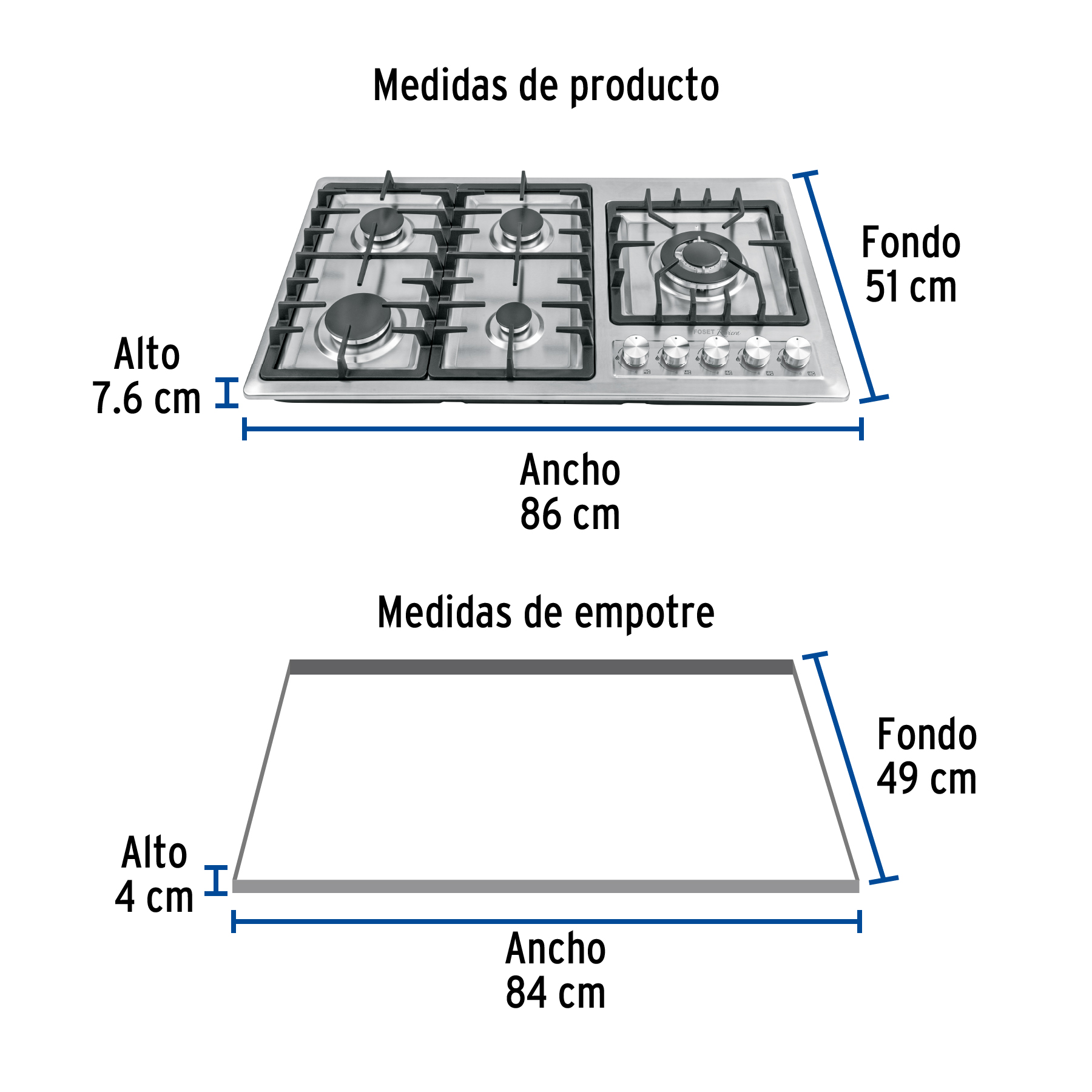 PARRILLA GAS EMPOTRABLE 90CM, 5 QUEM, LATERAL, INOX, RIVIERA FOSET 48319