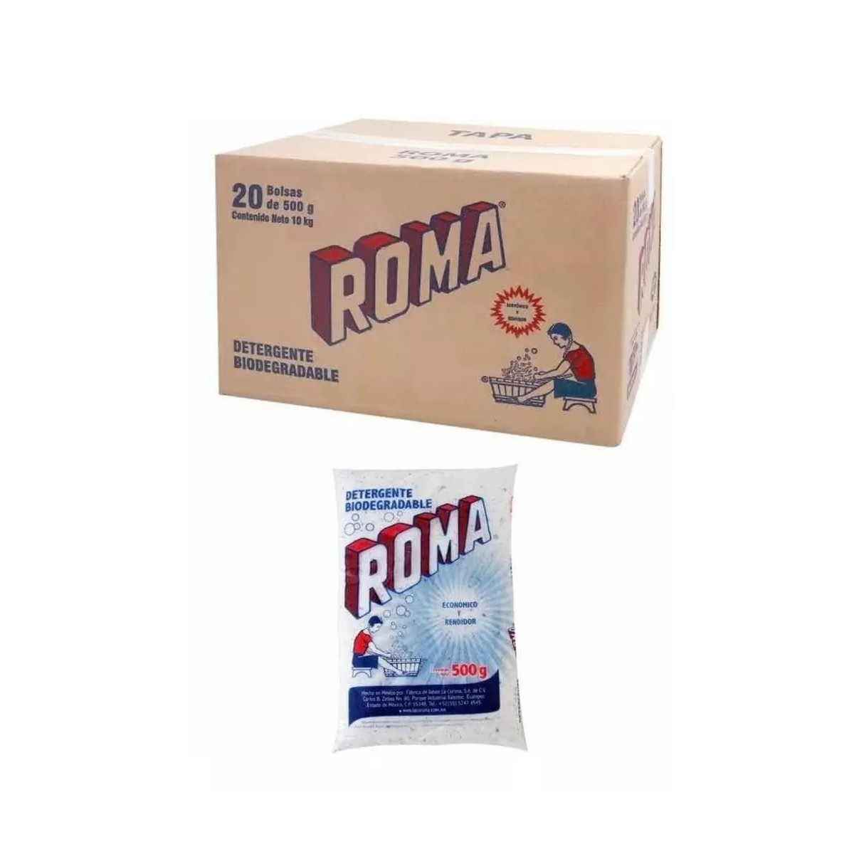 Roma Biodegradable en Polvo para Ropa Caja con 20 piezas de 500 gramos c/u