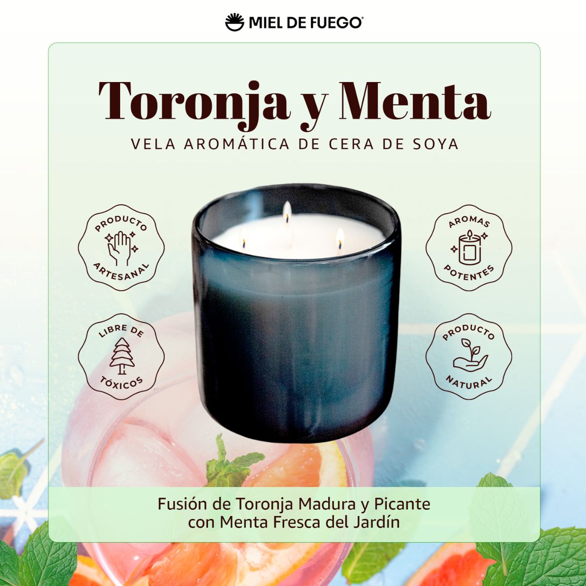 Vela Aromatica de Cera de Soya 100% Artesanal - Miel de Fuego - Aroma Toronja y Menta