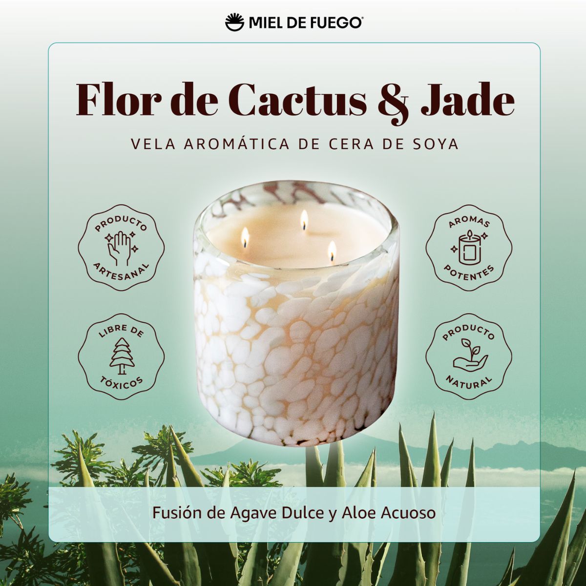 Vela Aromatica de Cera de Soya 100% Artesanal  - Miel de Fuego - Aroma Flor de Cactus y Jade 
