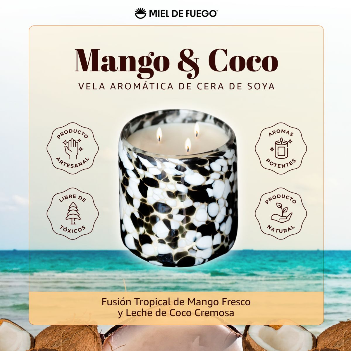 Vela Aromatica de Cera de Soya 100% Artesanal - Miel de Fuego - Aroma Mango y Coco 