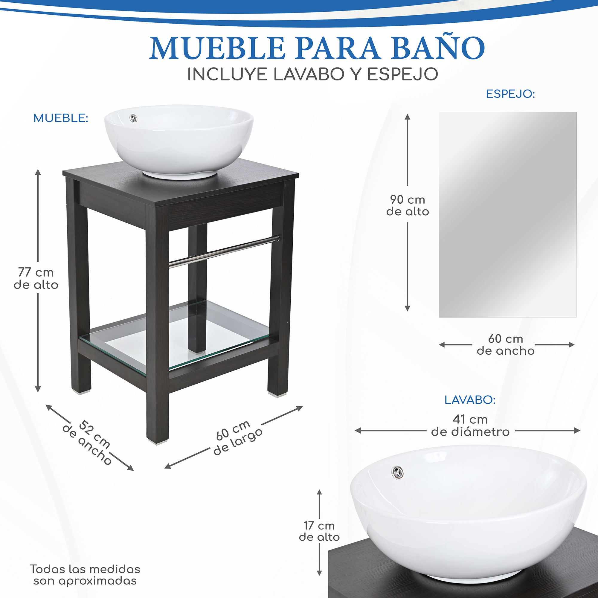Set mueble para baño 3 piezas incluye lavabo y espejo, marca Gravita
