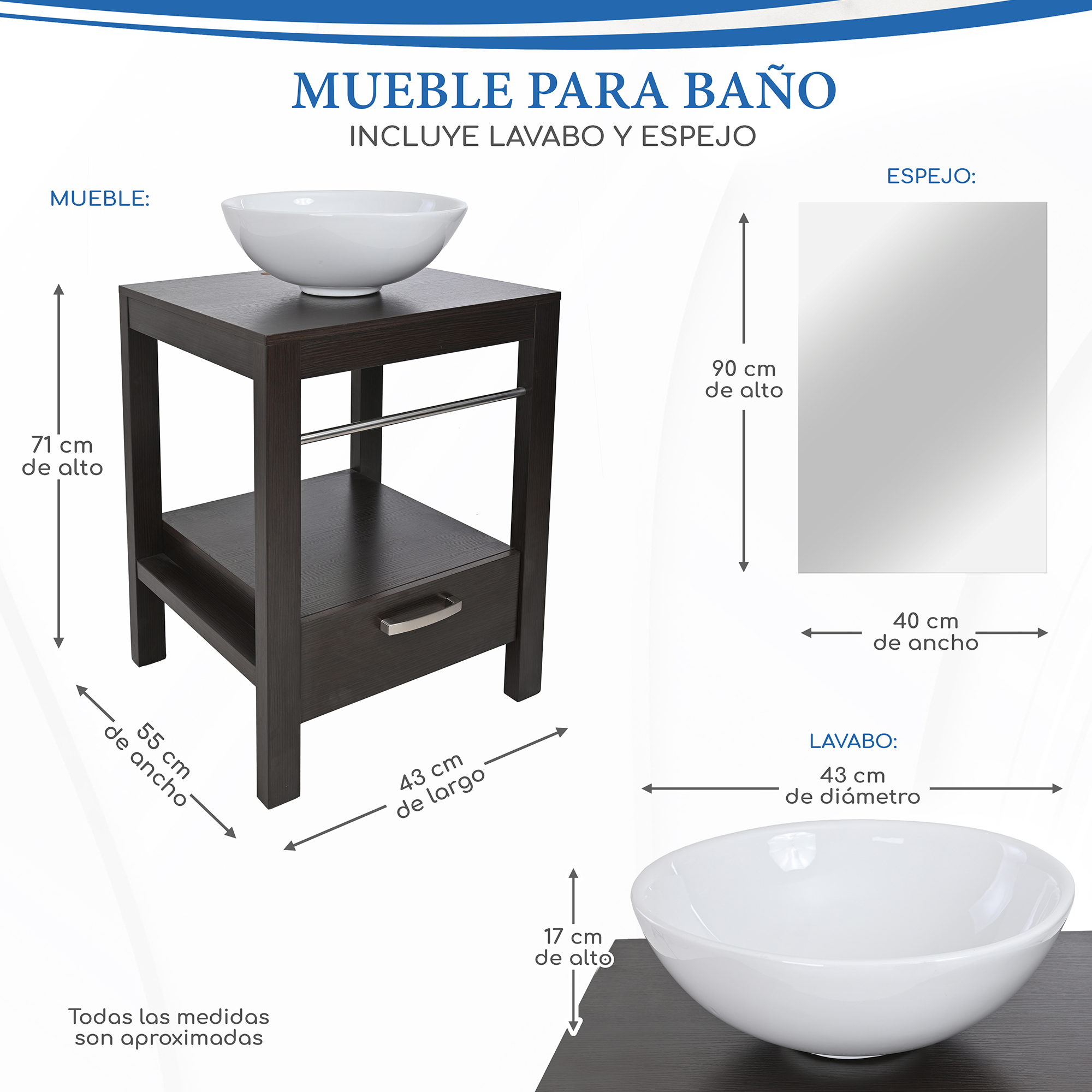 Set mueble para baño 3 piezas incluye lavabo y espejo, marca Gravita 