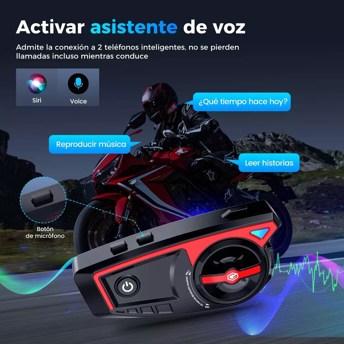 Audífonos Para Casco De Motos Bluetooth 5.3 Ip65 Con Luces
