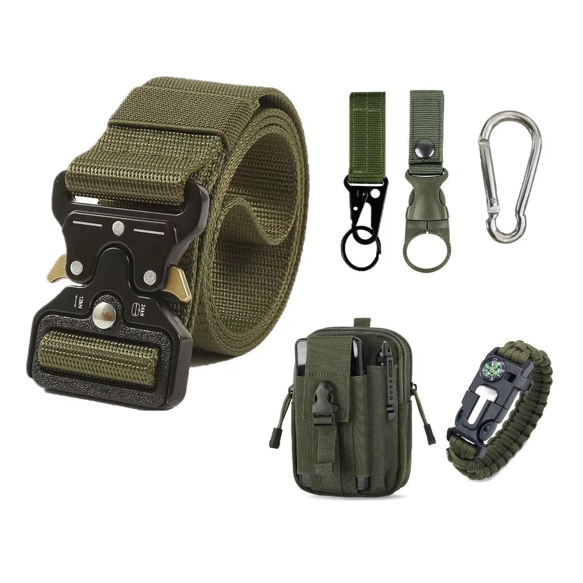 Bolsas Tácticas + Cinturón Militar + 3 Ganchos + Pedernal Verde