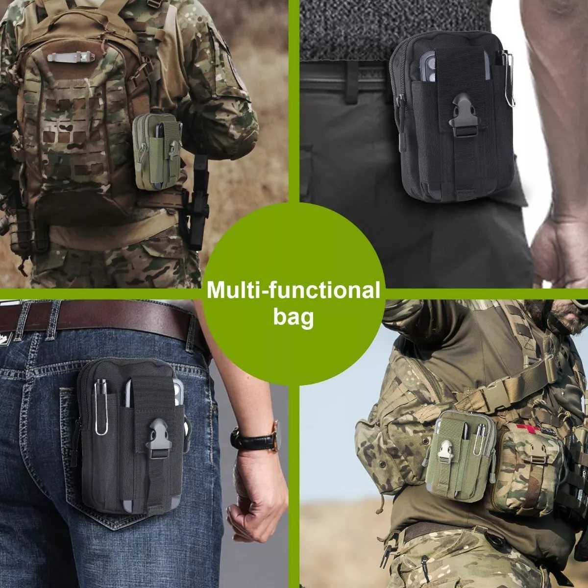 Bolsas Tácticas + Cinturón Militar + 3 Ganchos + Pedernal Verde