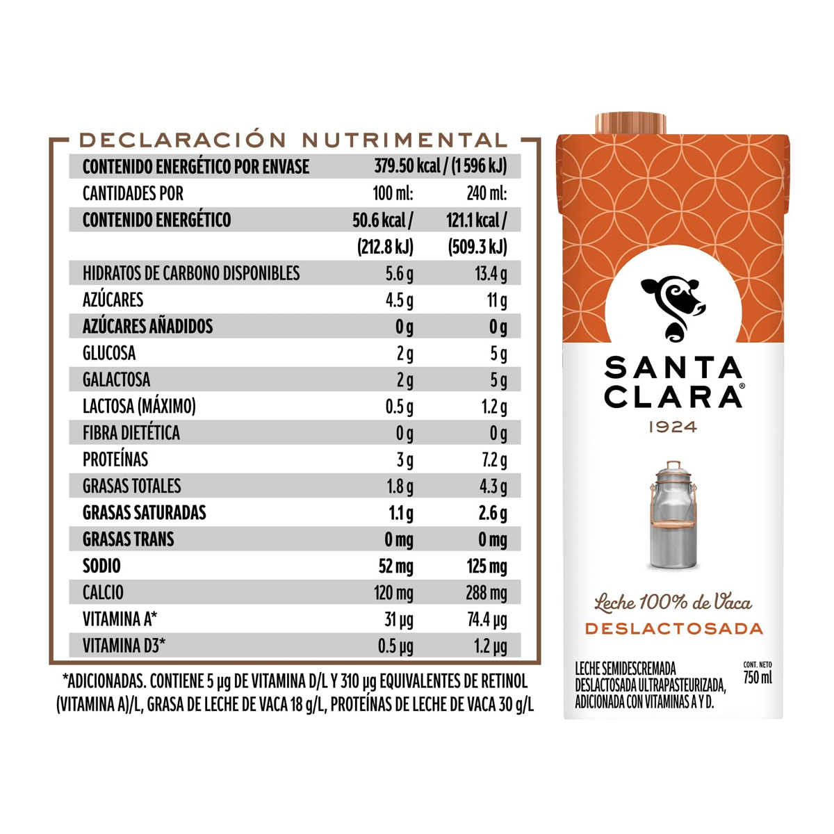 Leche Santa Clara Deslactosada 1 Pack con 18 Leches de 750 ml c/u