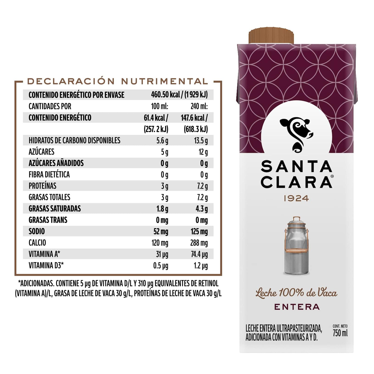 Leche Santa Clara Entera Pack con 12 Leches de 750 ml c/u