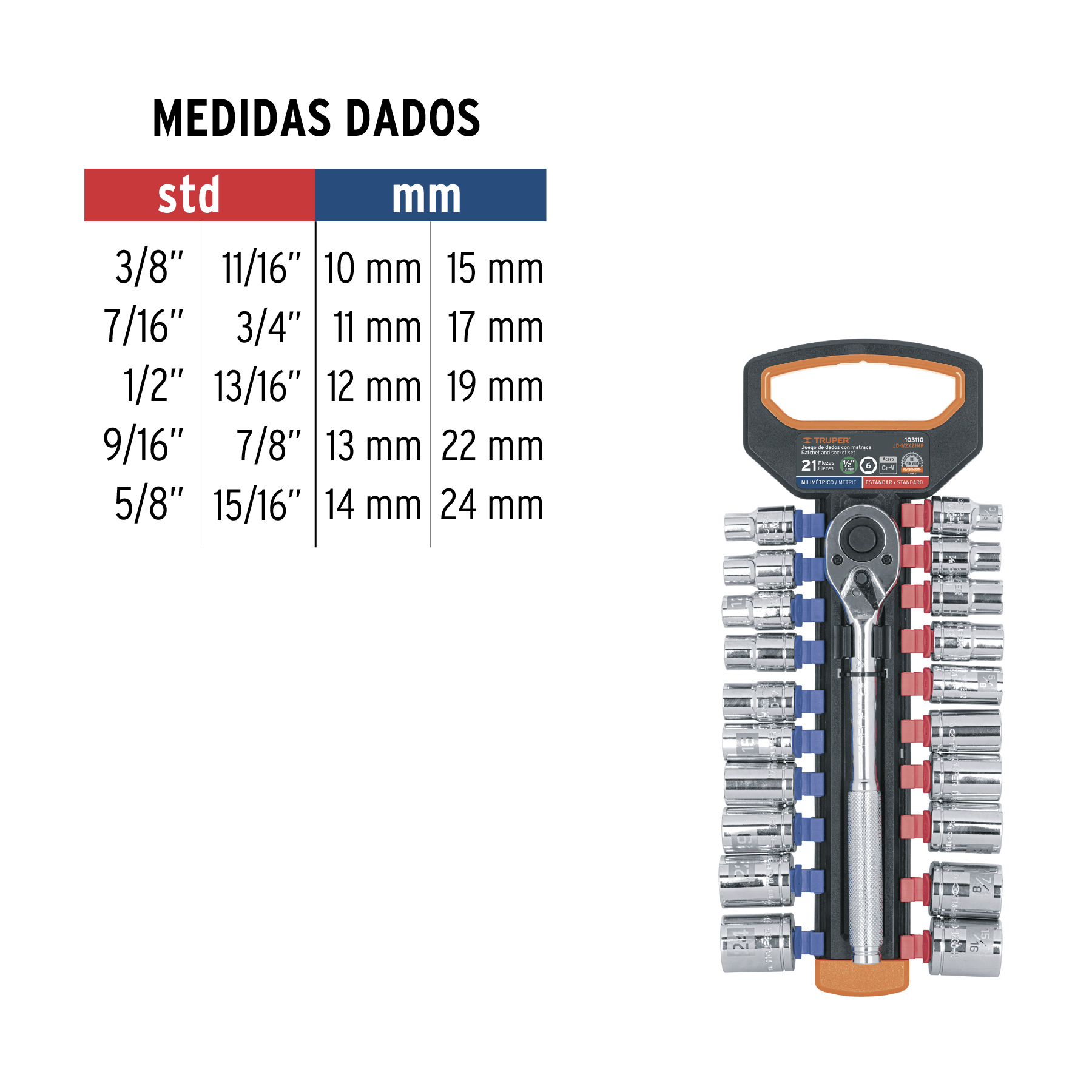 JUEGO DE DADOS MM Y STD CON MATRACA, CUADRO 1/2", TRUPER 103110
