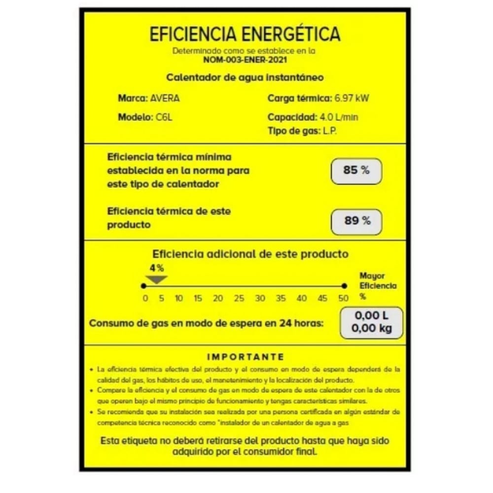 Calentador de agua a gas GLP Avera C6L blanco