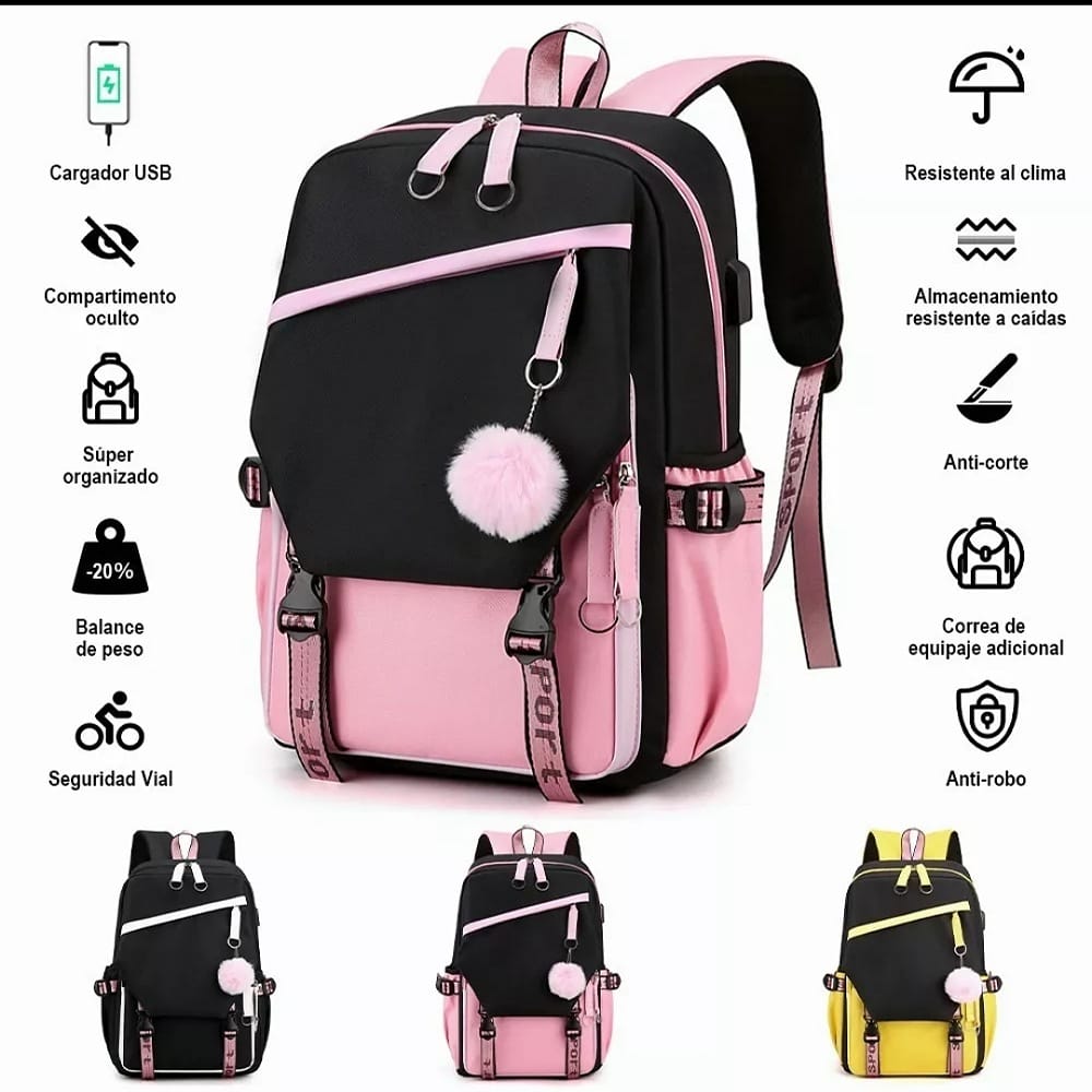 Mochila Kawaii Estilo Coreano Juvenil Moda Con Puerto Usb