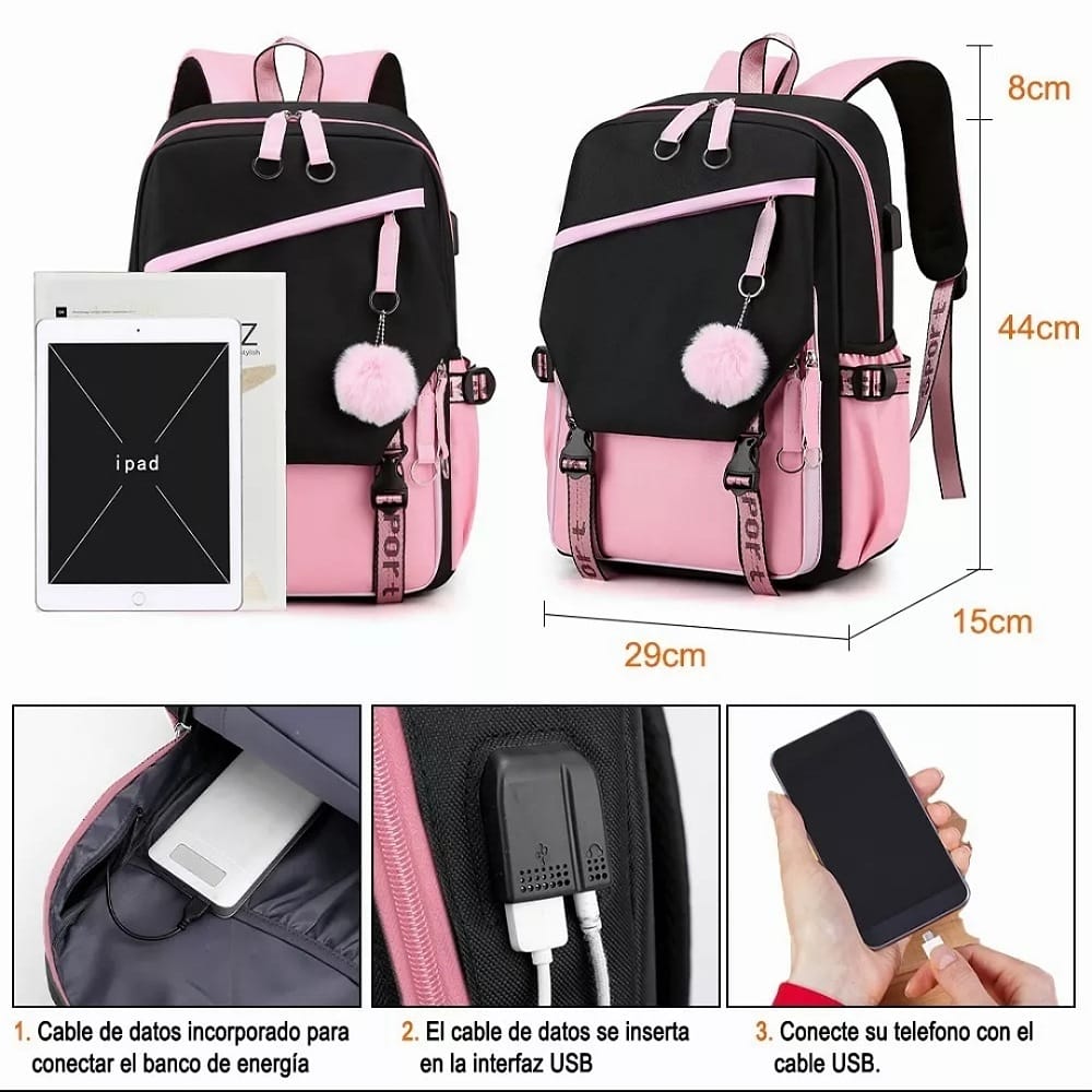 Mochila Kawaii Estilo Coreano Juvenil Moda Con Puerto Usb