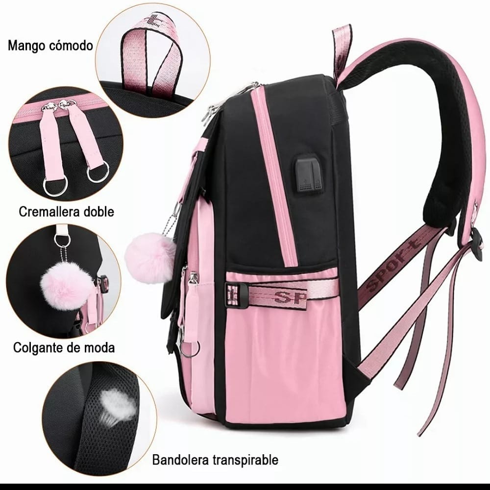 Mochila Kawaii Estilo Coreano Juvenil Moda Con Puerto Usb