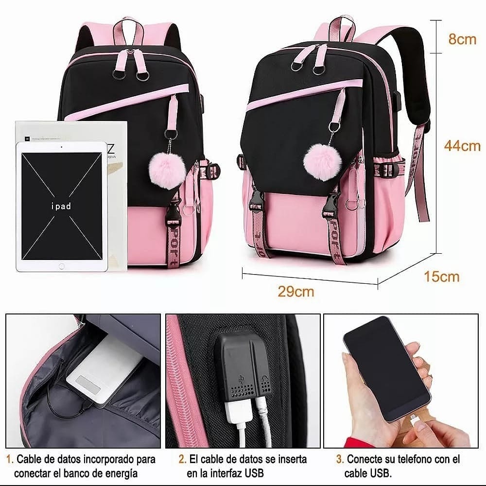 Mochila Kawaii Estilo Coreano Juvenil Moda Con Puerto Usb