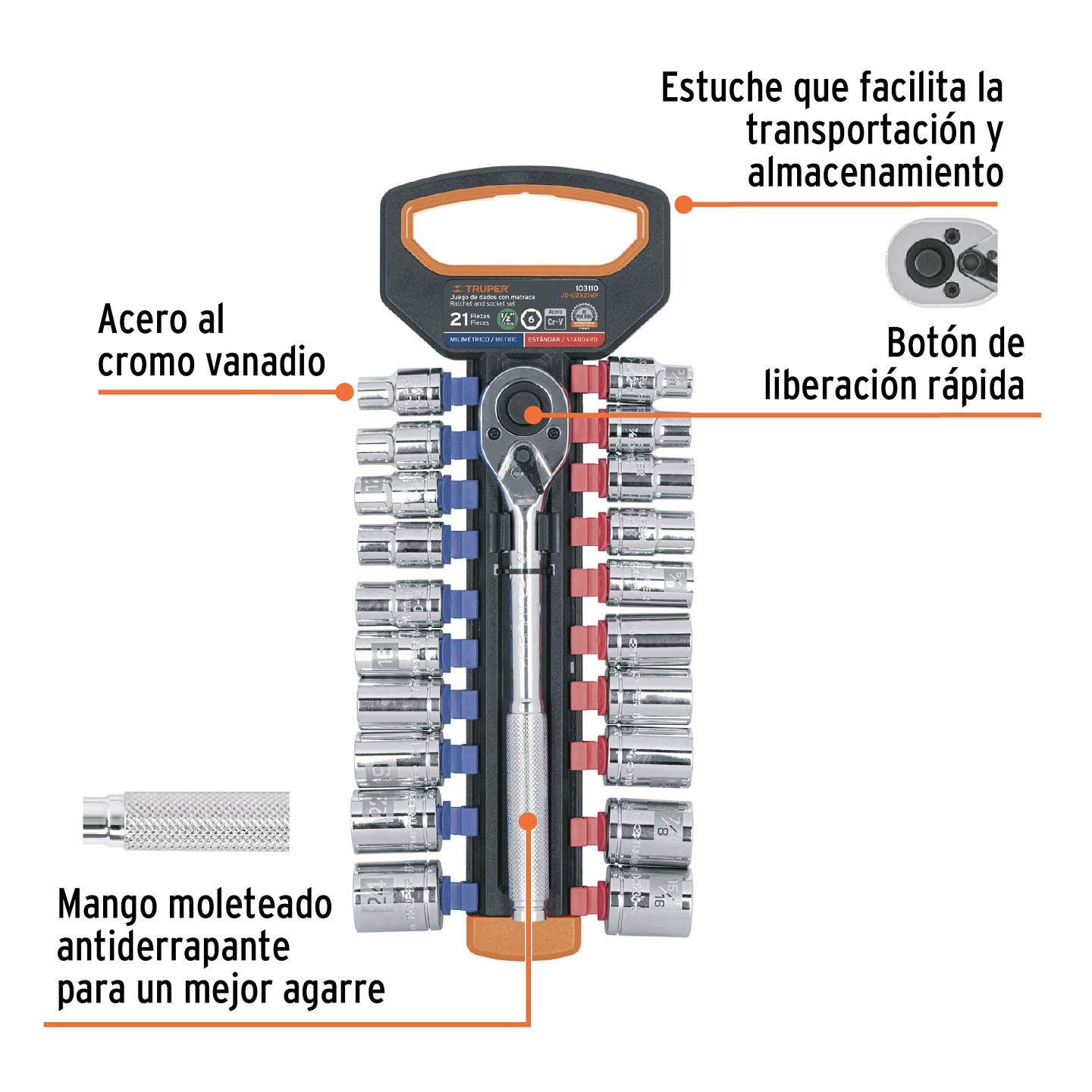 Juego de dados mm y std con matraca, cuadro 1/2, Trupper