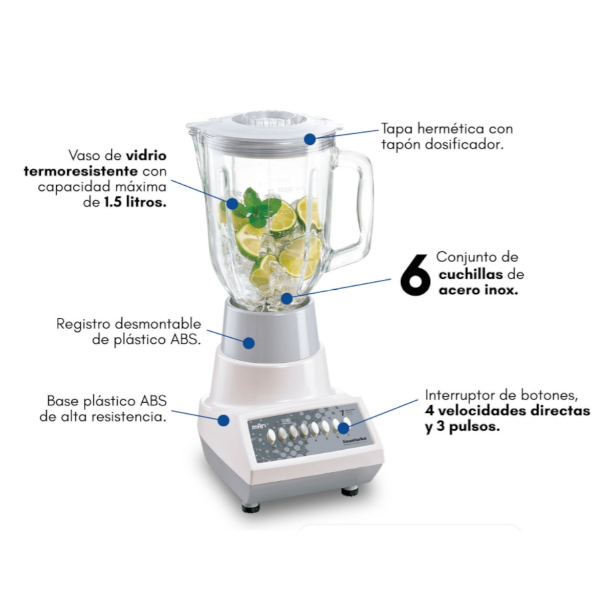 Licuadora MAN LPV-507 vaso Vidrio 1.5 Lt. 7 velocidades.